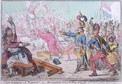Exit Liberte a la Francois! or Buonaparte Closing the Farce of Egalite at St. Cloud Near Paris, Published by Hannah Humphrey in 1799 by James Gillray